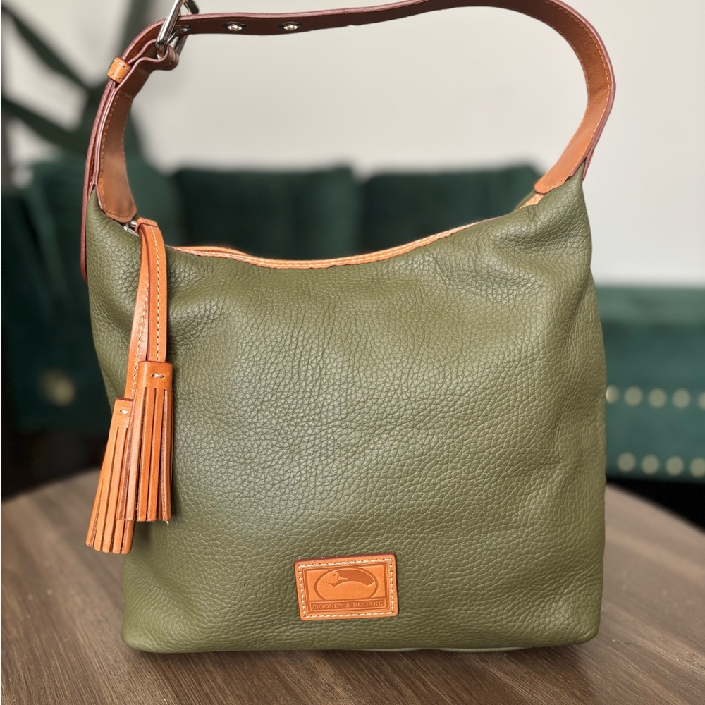 Dooney & Bourke Olive Green Leather Hobo with Tan Trim - Picture 2 of 16